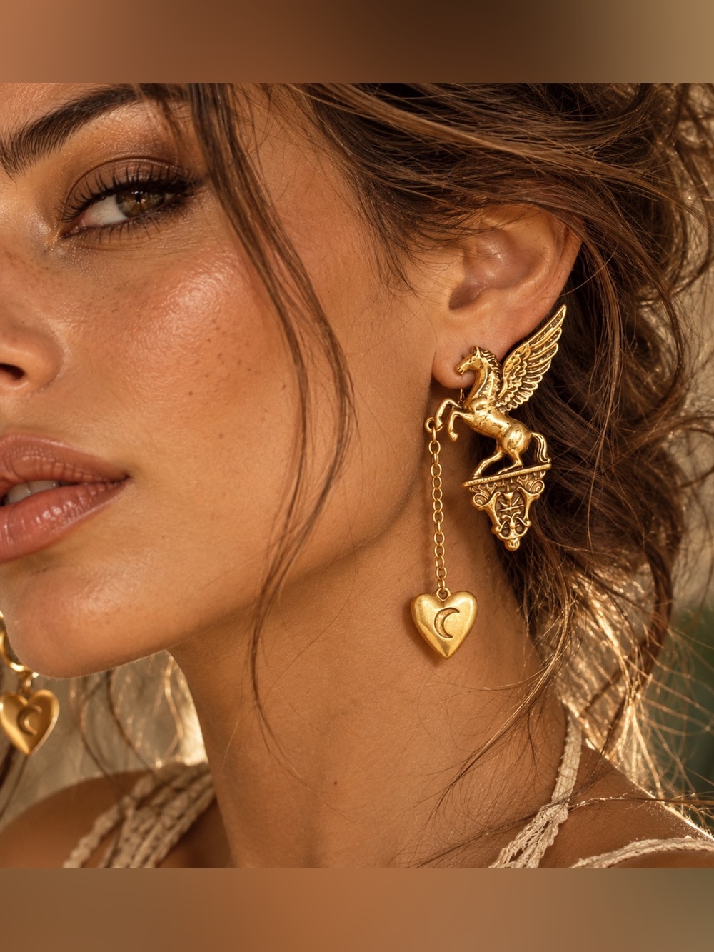 Gold Pegasus Winged Horse Heart Dangle Earrings Celestial Statement Jewelry NEW